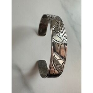 Vintage Northwest Coast Signed TJH Engraved Formline Cuff Bracelet Silver Tone